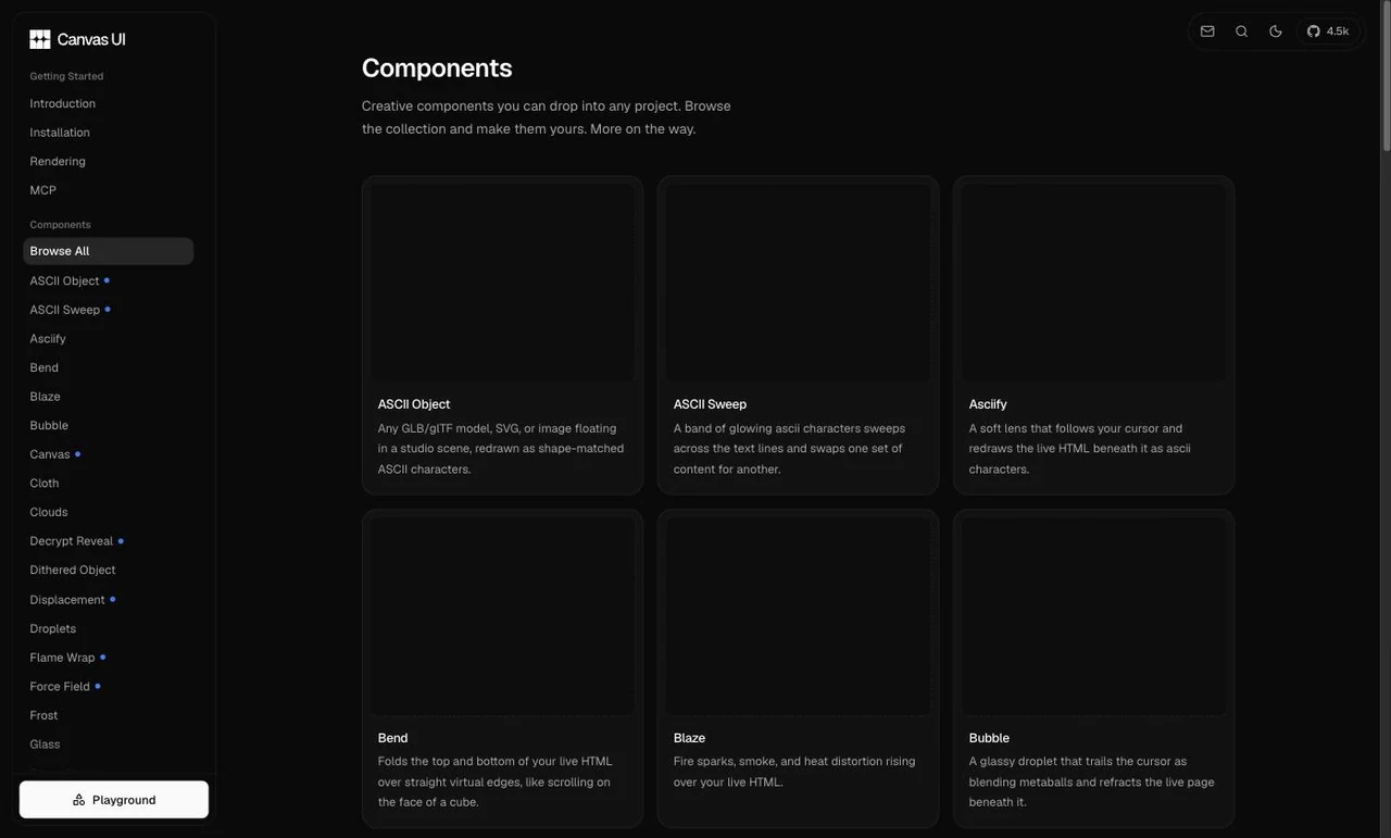 The Canvas UI components gallery loaded in a standard Chrome browser, showing six component preview tiles that are completely empty