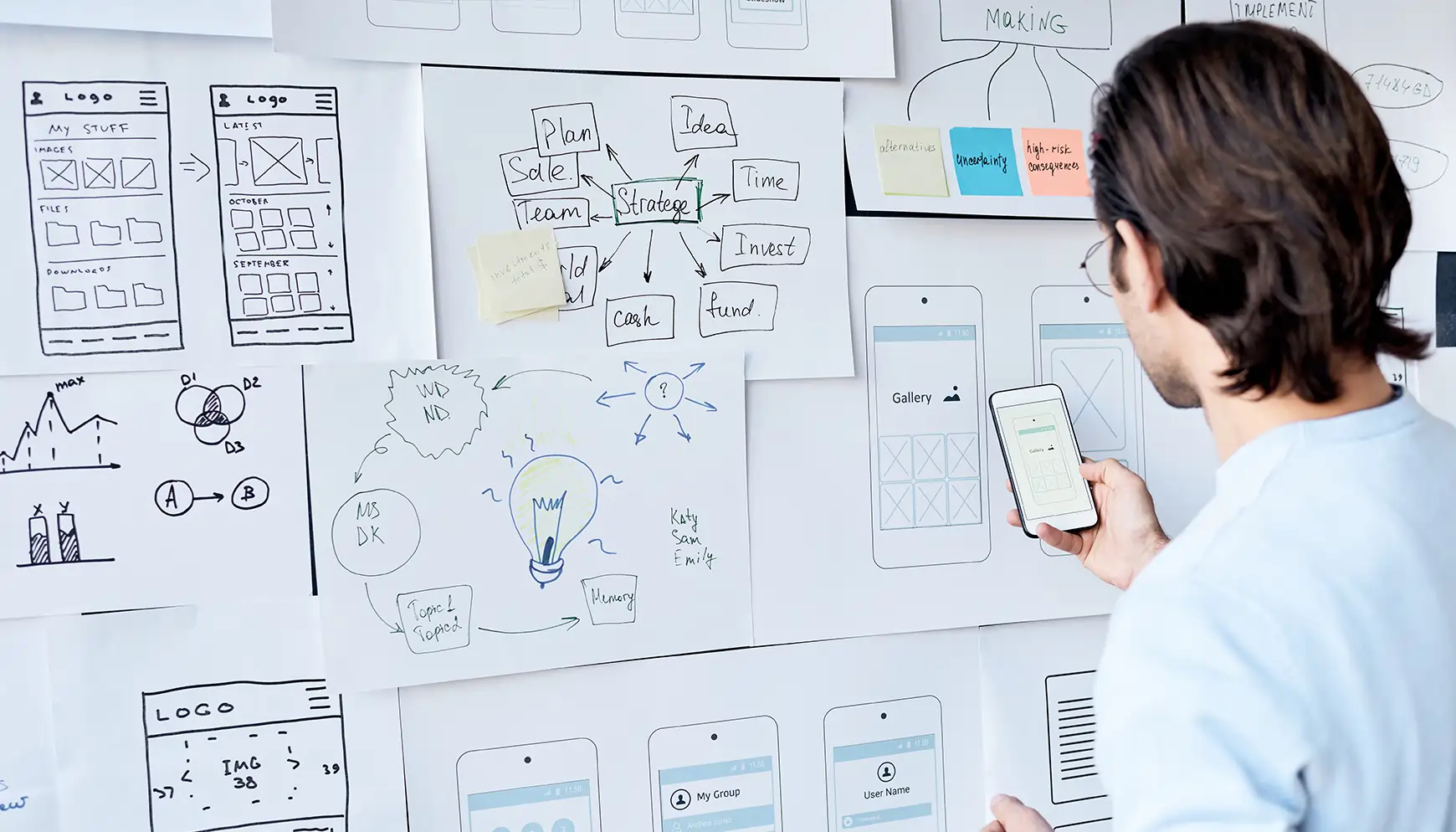 A UX/UI designer reviewing mobile and web wireframes, strategy mind maps, and user flow charts taped to a wall during a digital product design session.