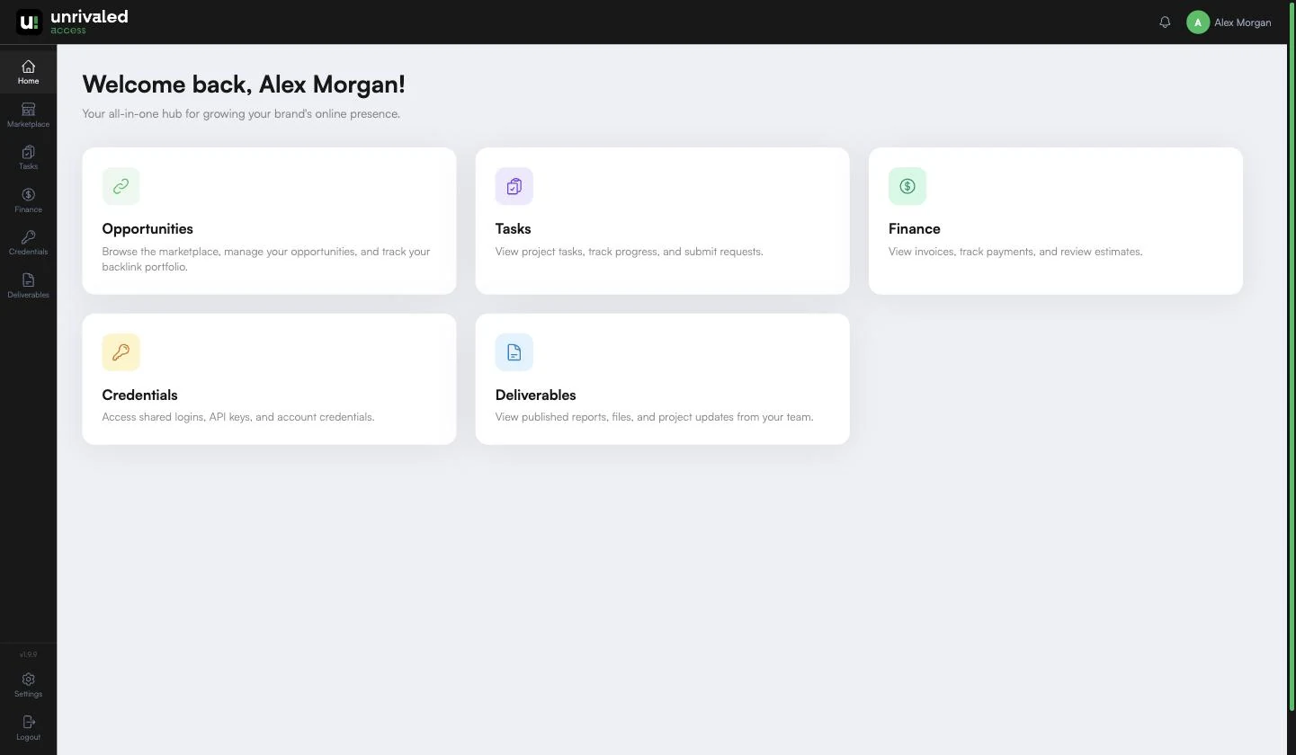 The Unrivaled Access client home, showing the modules a client has access to