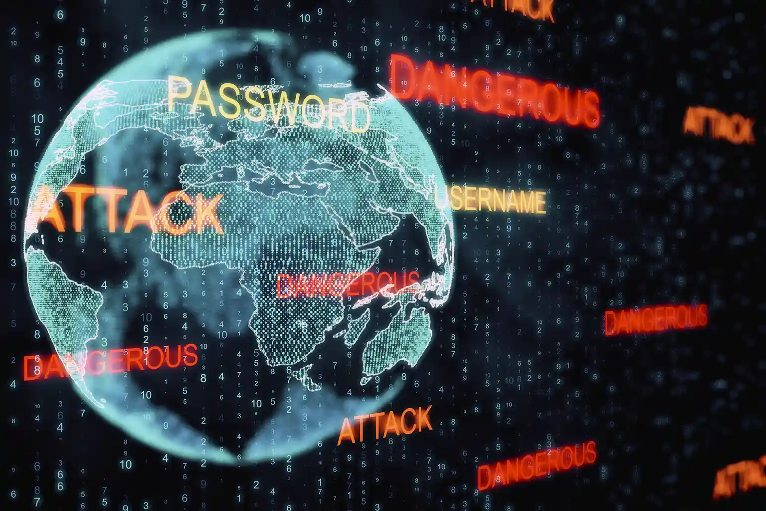 A hacked globe with security vulnerability terms hovering around it. A hacked globe with security vulnerability terms hovering around it.