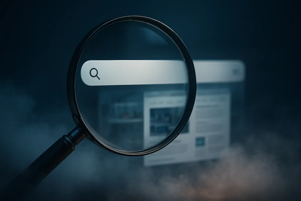 A magnifying glass magnifying an empty search bar with a fog cloud in the forefront.