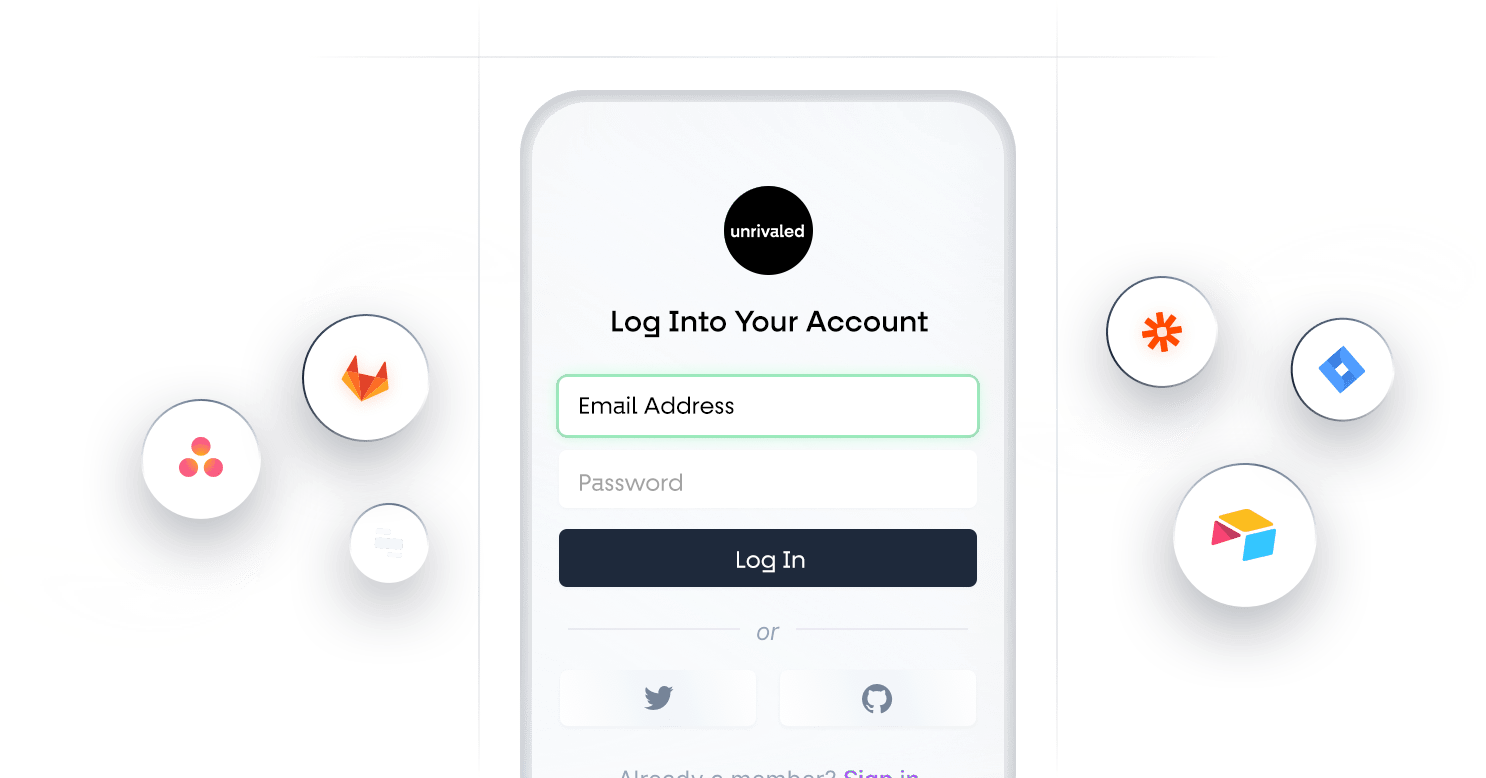 Login form for Unrivaled app. Fields for email, password, and social login.